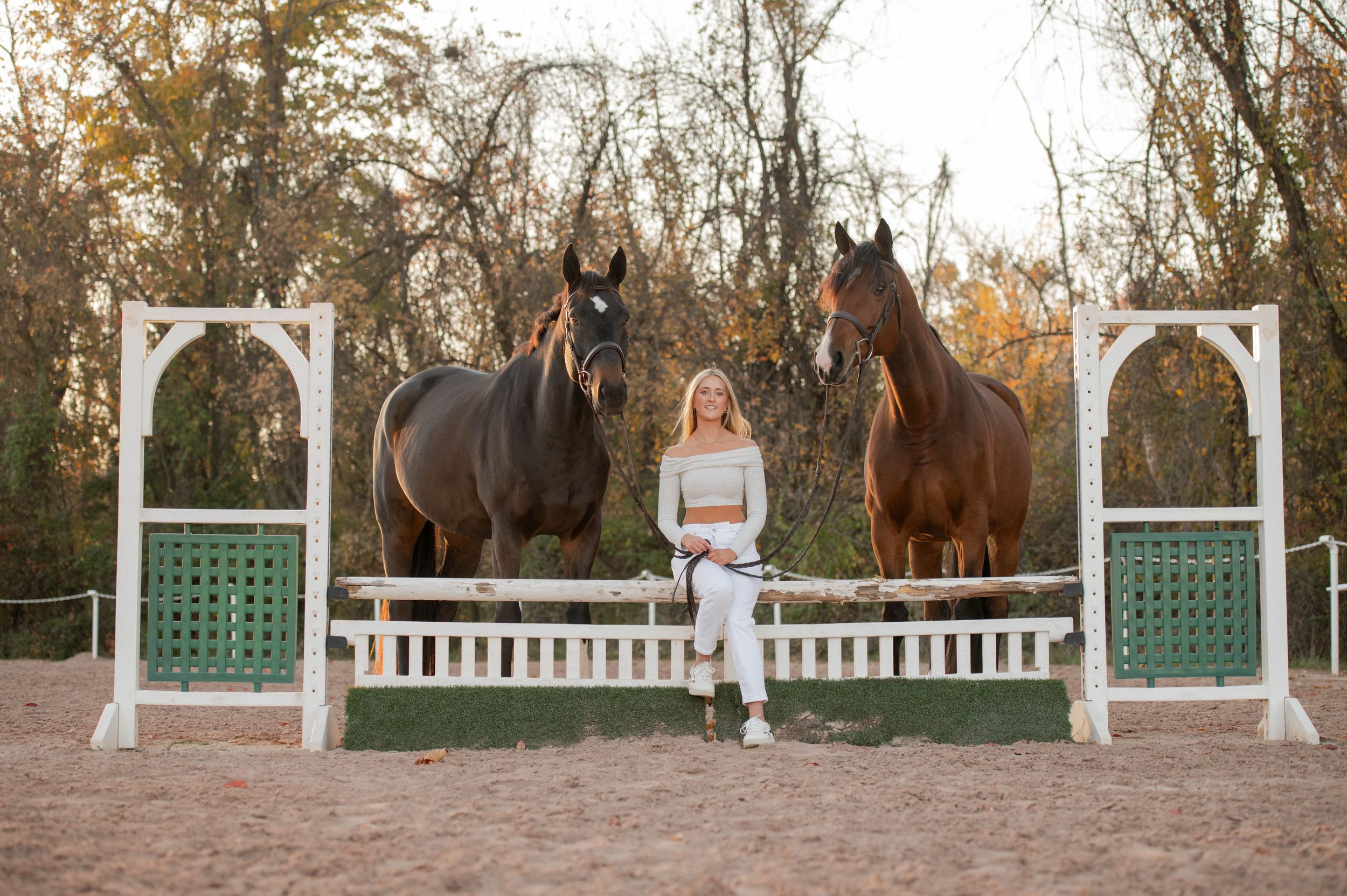 Two horses flank someone in white by decorative white jumping standards in a riding arena.