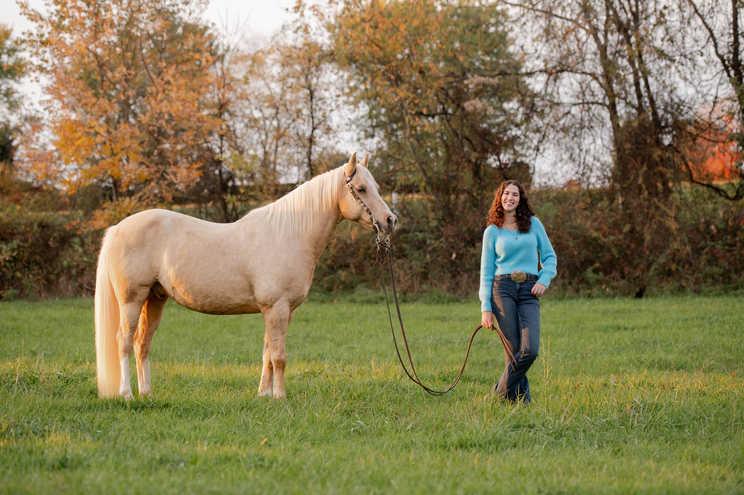 A cream-colored horse grazes in a green field with fall trees in the background.