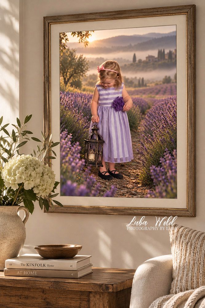 wall portrait of baby girl in a dress standing in a lavender field by children photographer luba wold in Post falls and Spokane