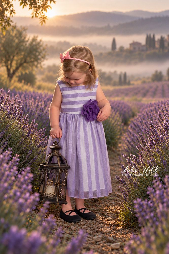portrait of baby girl in a dress holding a lantern standing in a lavender field by children photographer luba wold in Post falls and Spokane