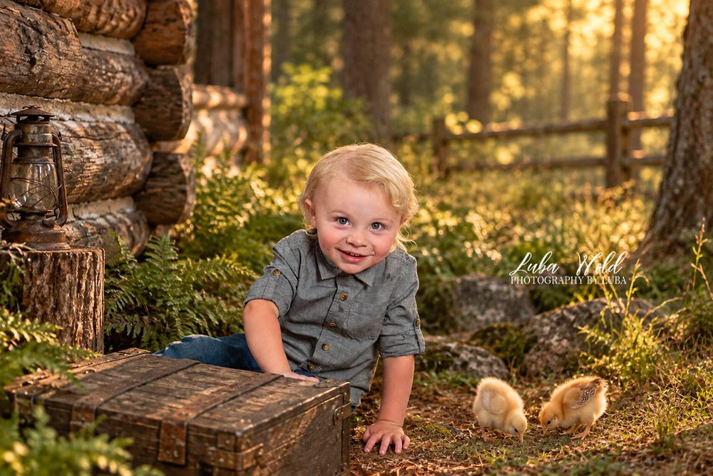 portrait of baby boy by a wood cabin abd chickes next to him by children photographer luba wold in Post falls and Spokane