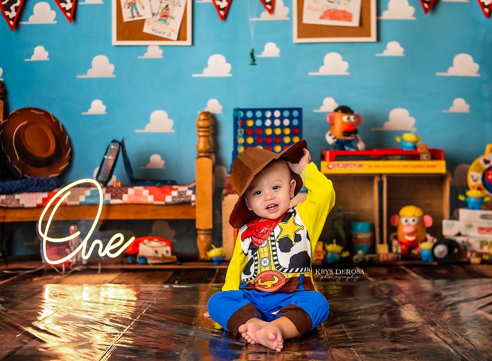 Toy Story themed birthday party setup with clouds painted on blue walls and wooden table decorations.