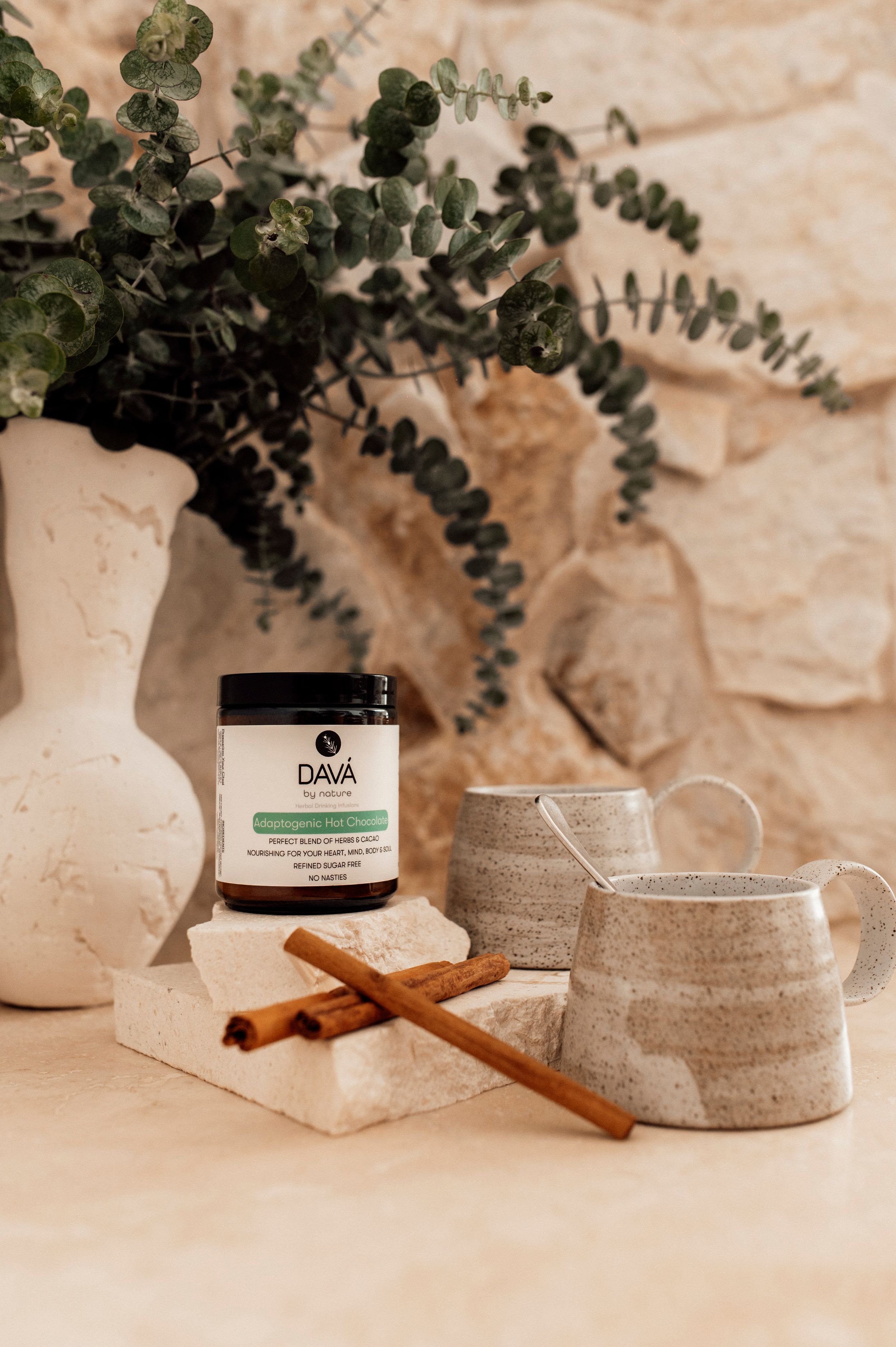 A neutral toned still life with eucalyptus in a white vase, tea canister, cinnamon sticks and ceramic pottery accessories.