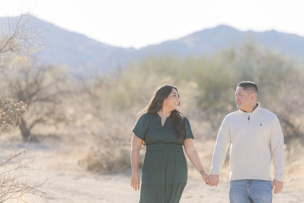 Romantic couple portrait in the golden Tucson desert at sunset