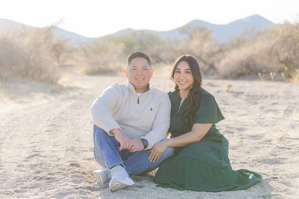 Romantic couple portrait in the golden Tucson desert at sunset