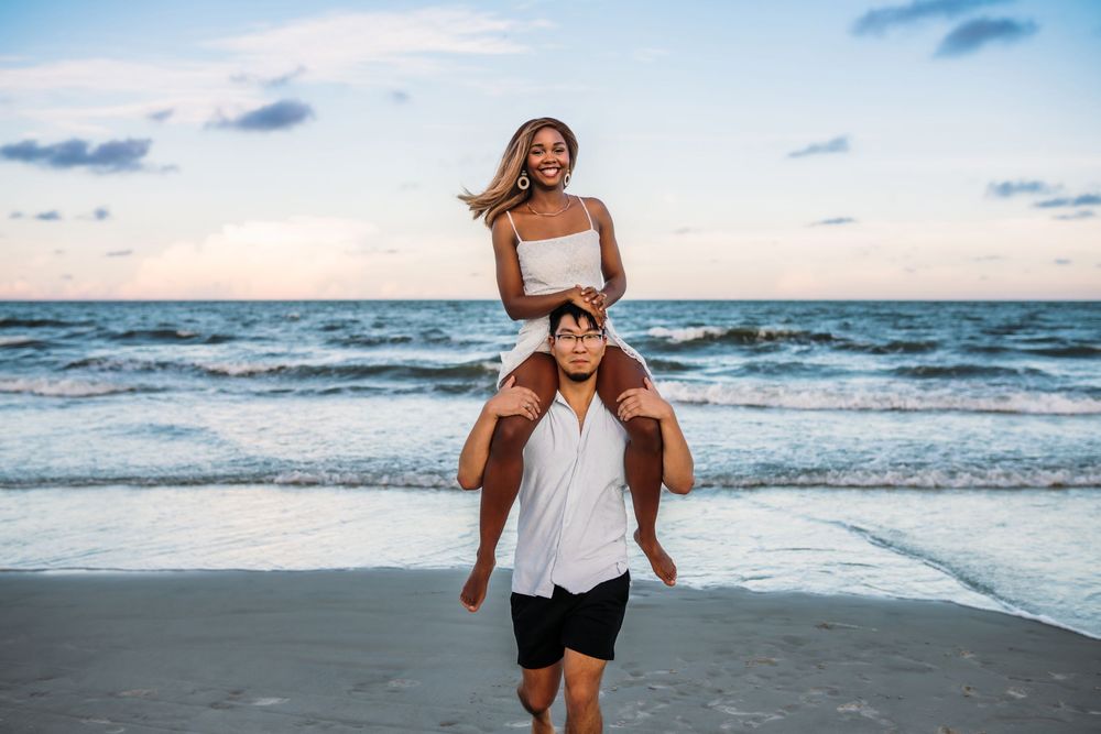 A beachside photoshoot sequence at sunset shows someone walking and posing along the shoreline in summer attire.