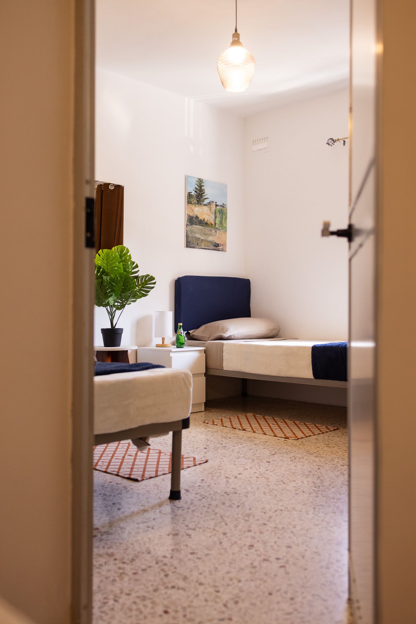 Doorway view into a bright room with navy single bed, monstera plant, terrazzo floor, and pendant light.