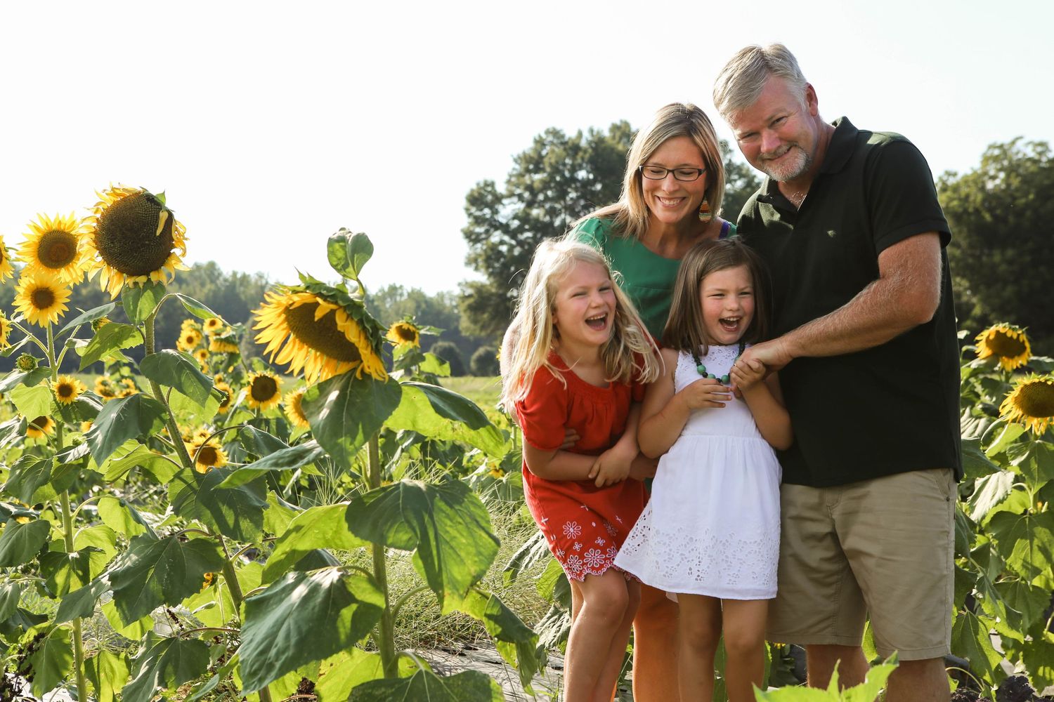 Happy family in a summer sunflower field smiling together.  Bush-N-Vine located in York, SC.