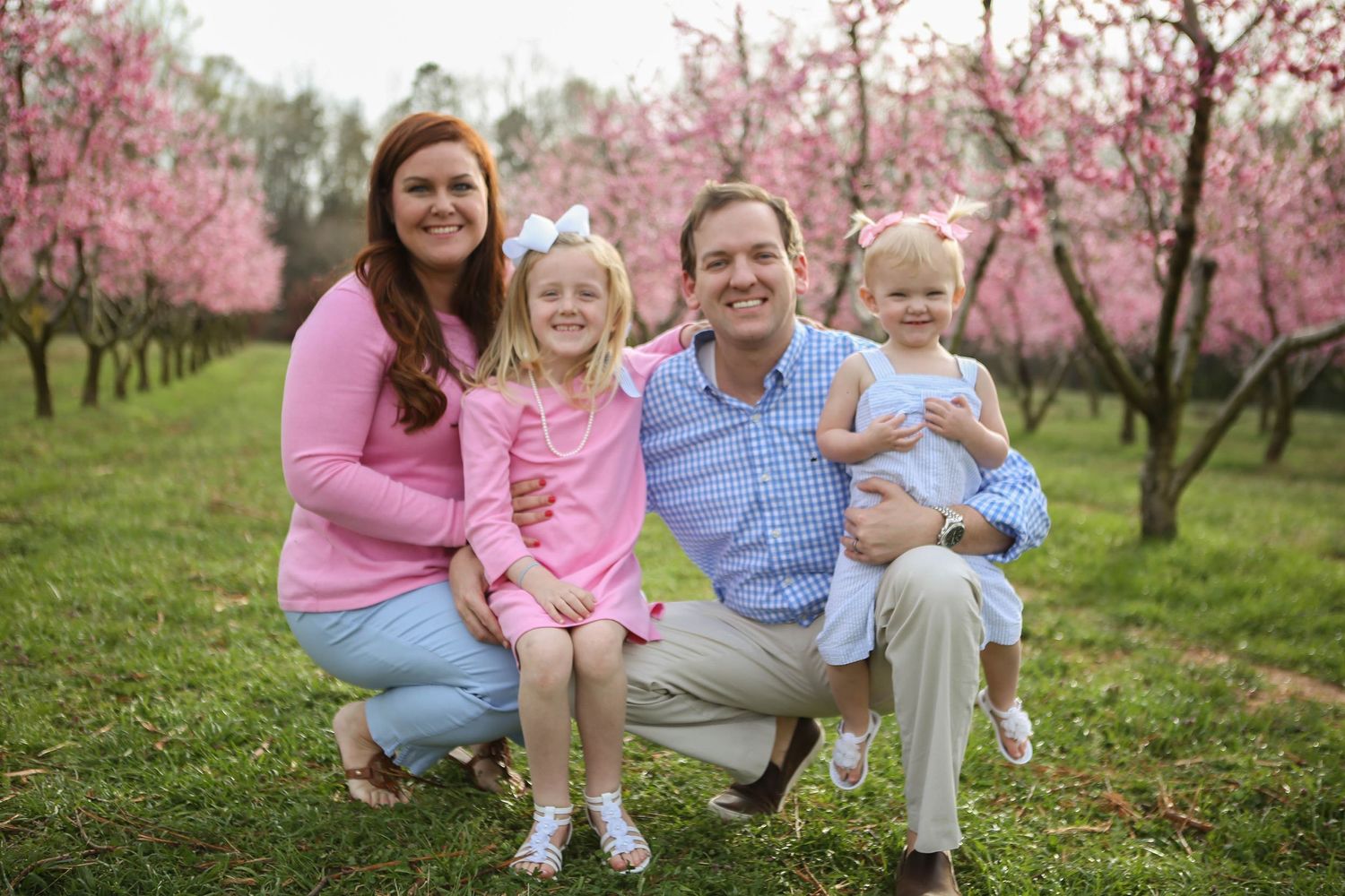 Orchard of pink spring peach blossoms in bloom while family of four poses amongst the trees.