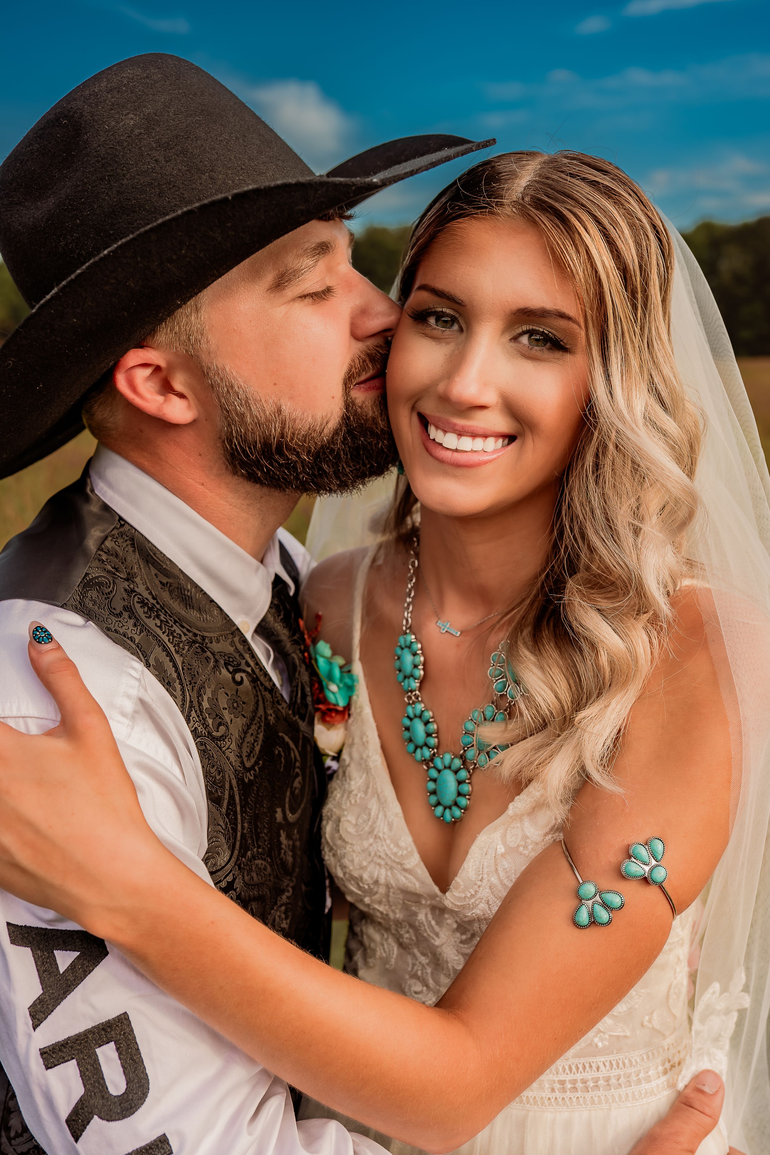 A romantic wedding photo series showing close-up moments with turquoise jewelry accents against a blue sky backdrop.