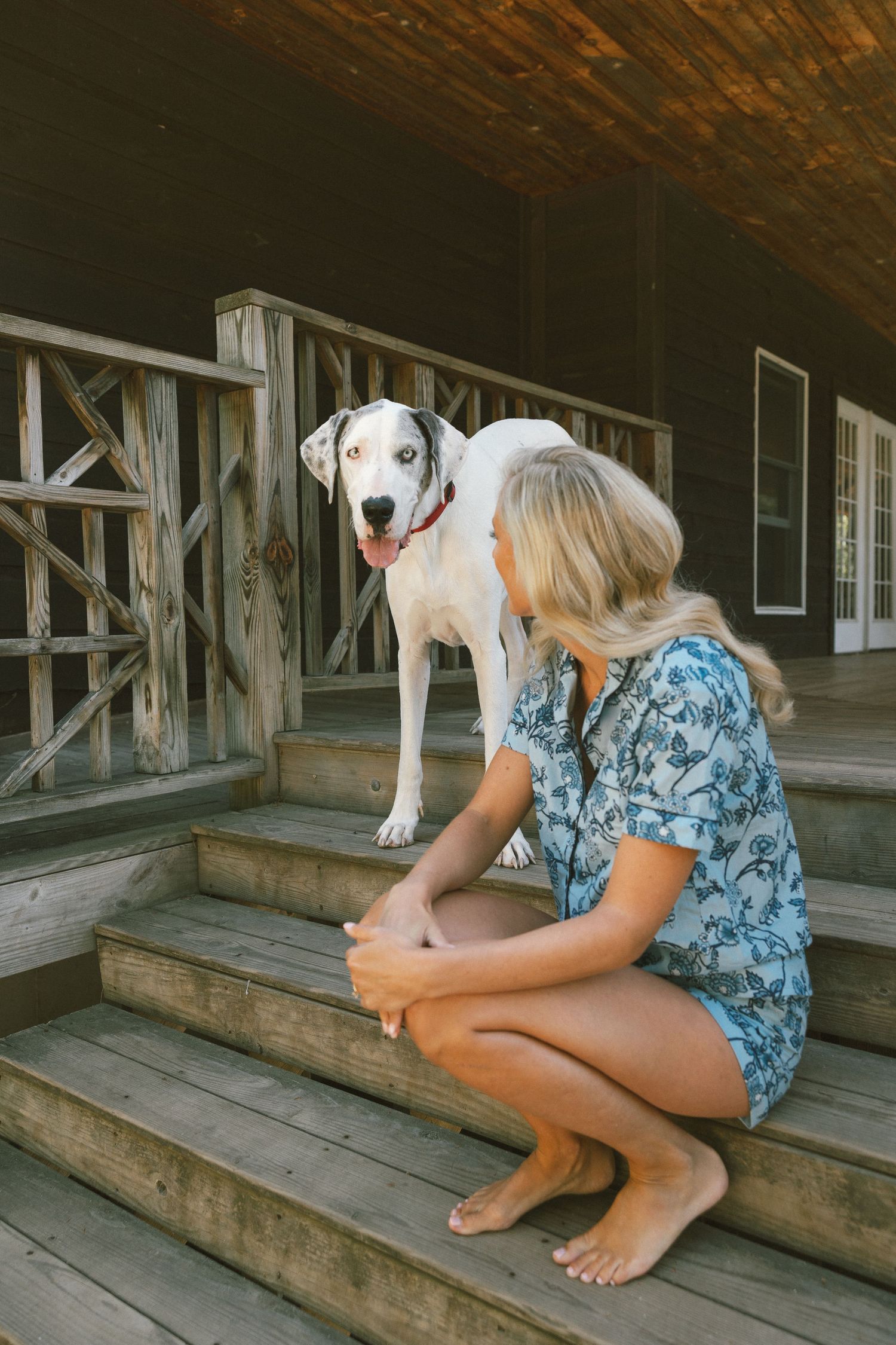 Person in blue floral dress sitting on wooden steps with a dog.