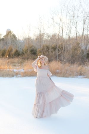 woman in dress in snow in Culpeper Virginia
