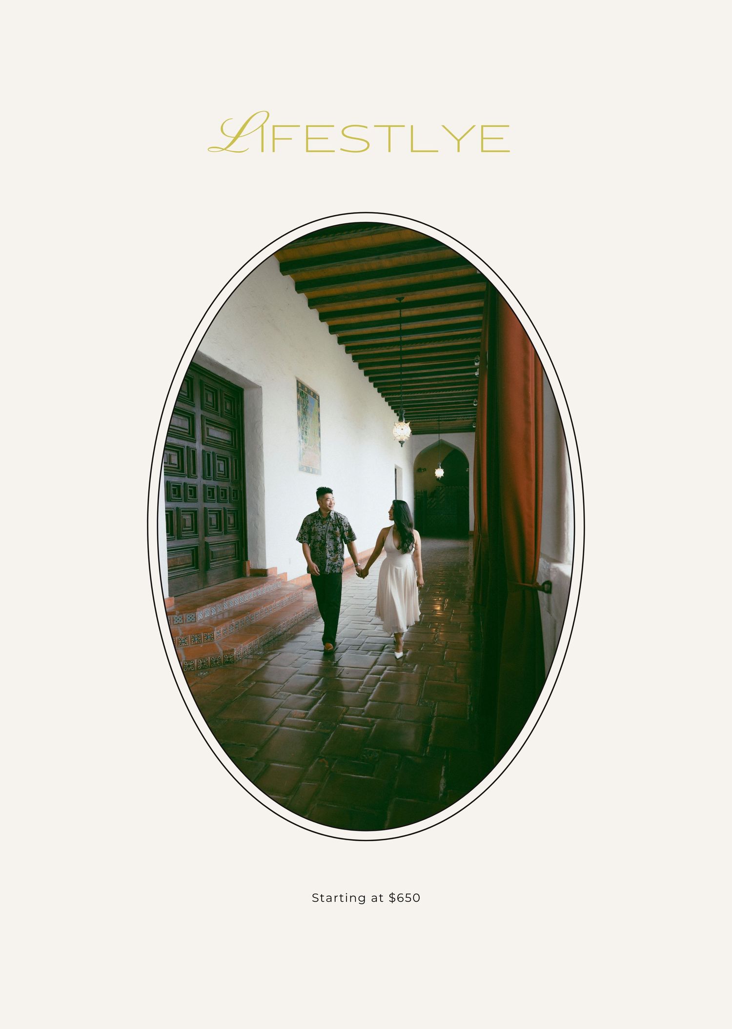 A couple walks together through an elegant arched hallway with Spanish colonial architecture and wood beams overhead.