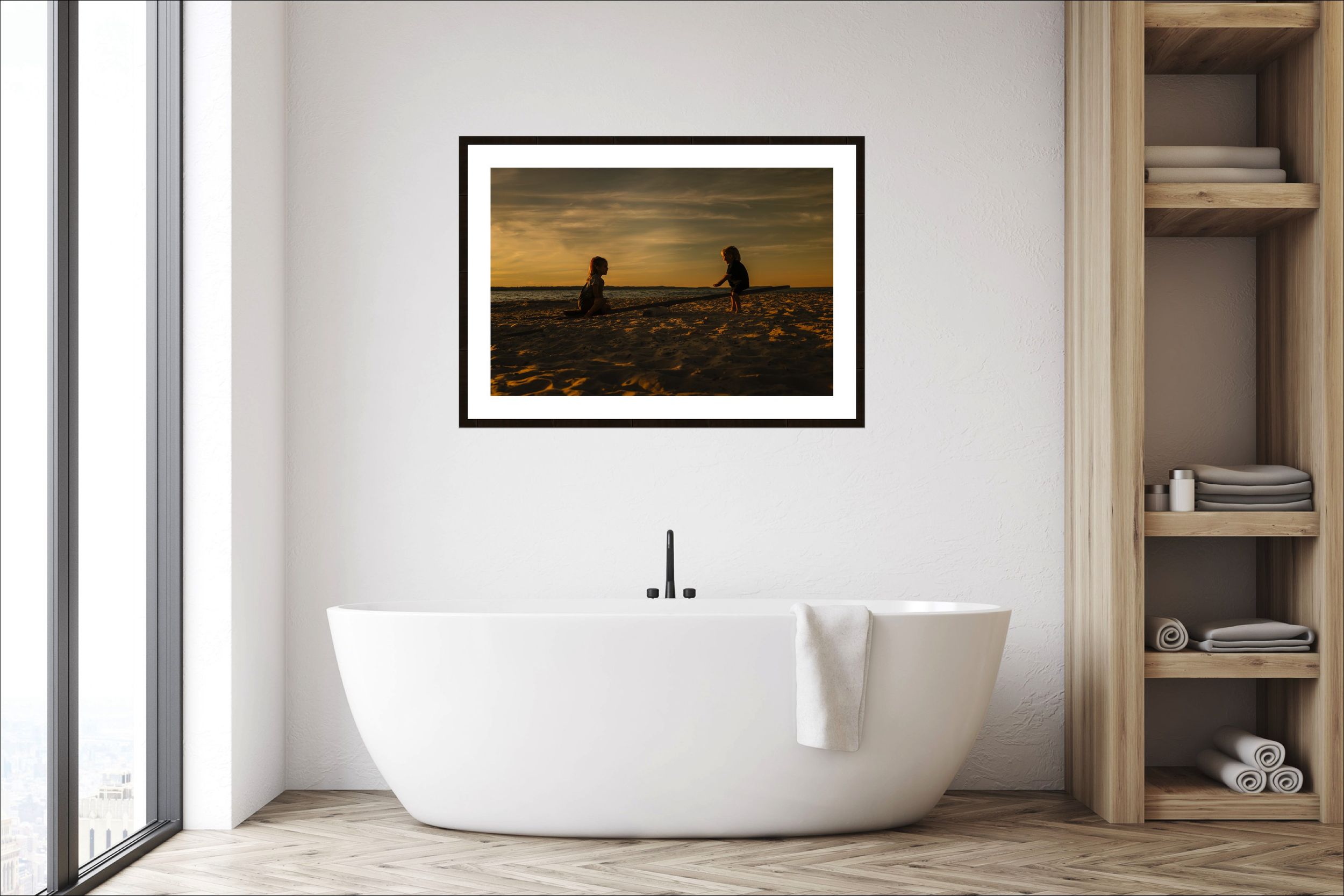 Minimalist interior scene with beige walls, white soaking tub, built-in shelving, and framed artwork.