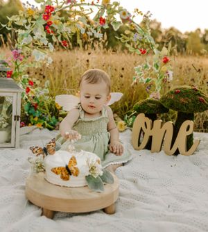 Charming cake smash setup with butterfly decorations and lantern in outdoor field setting.