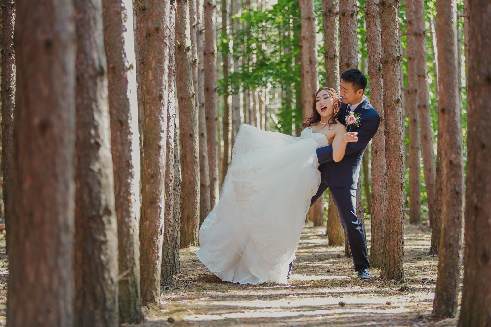 Romantic wedding couple pose in a pine tree forest path.