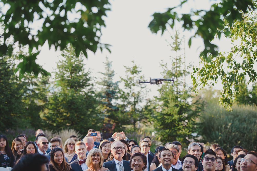 A large crowd of wedding guests gathered outdoors under green trees.