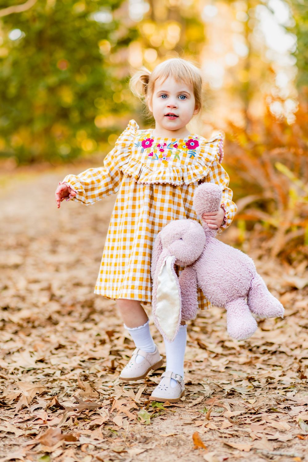 A toddler in a yellow gingham dress with floral embroidery holds a plush toy while standing on a leaf-covered path in autumn.