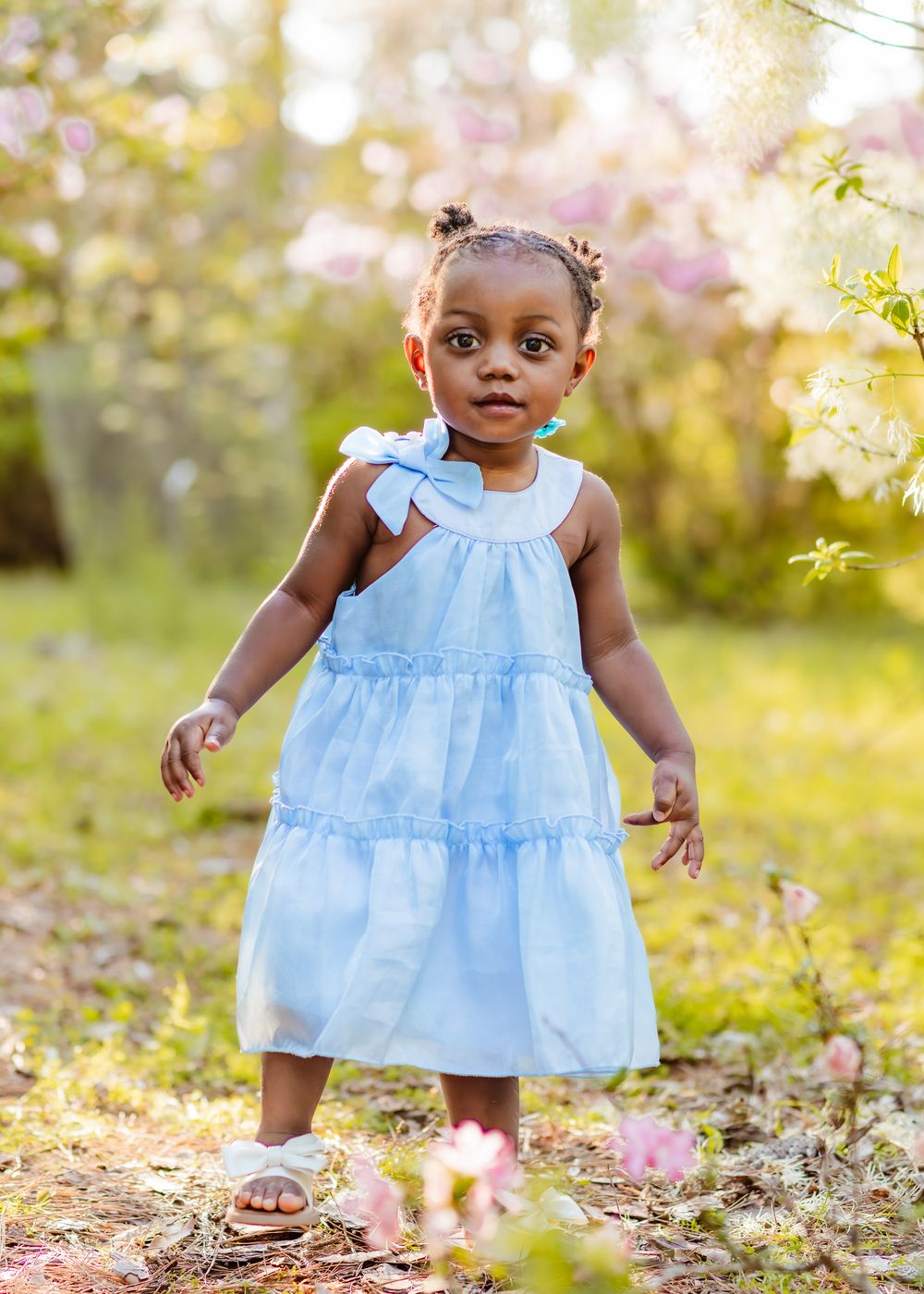 Toddler girl in light blue dress with bow stands outdoors among spring blossoms in a sunny garden.
