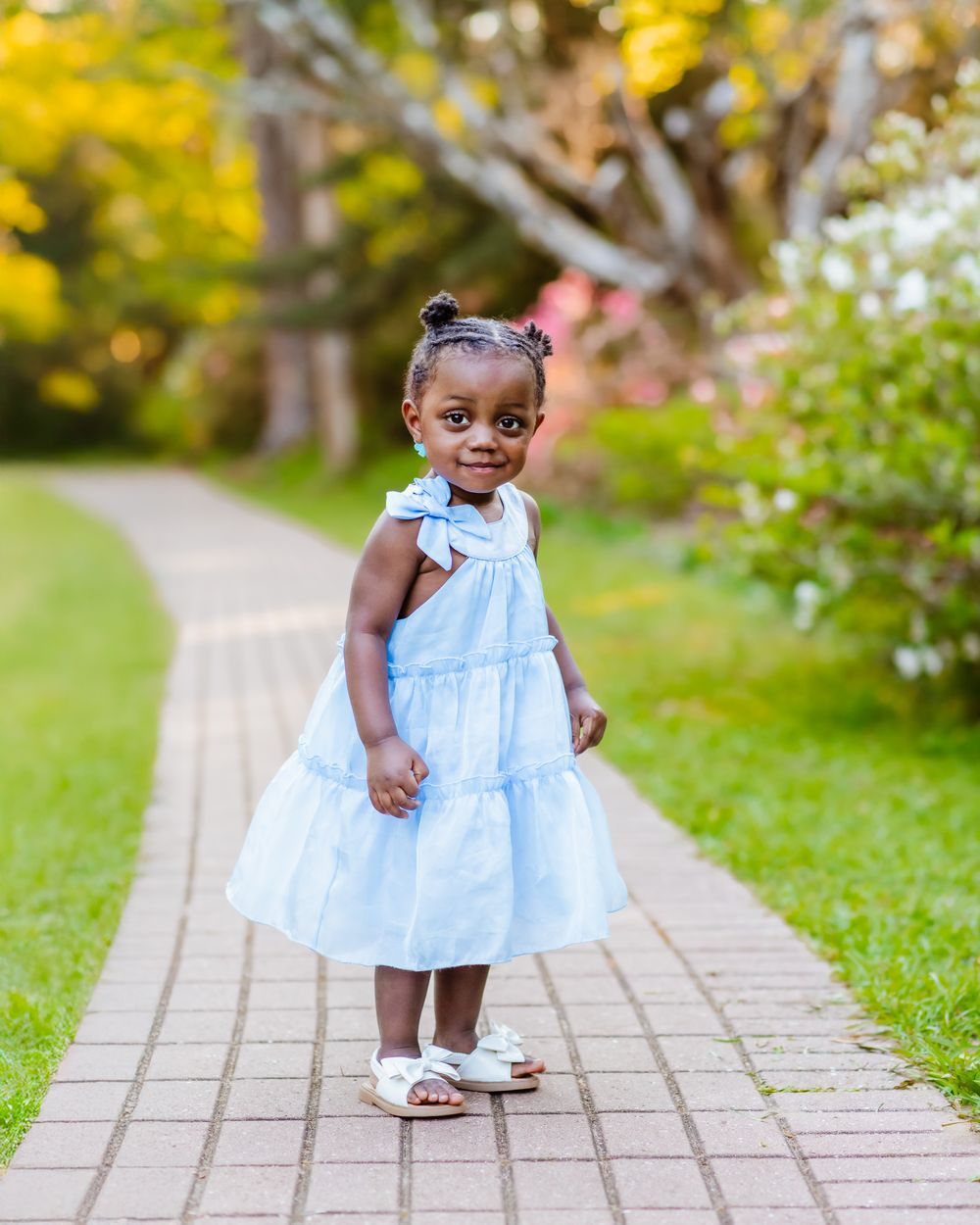 Toddler girl in blue dress standing on brick path in lush garden.