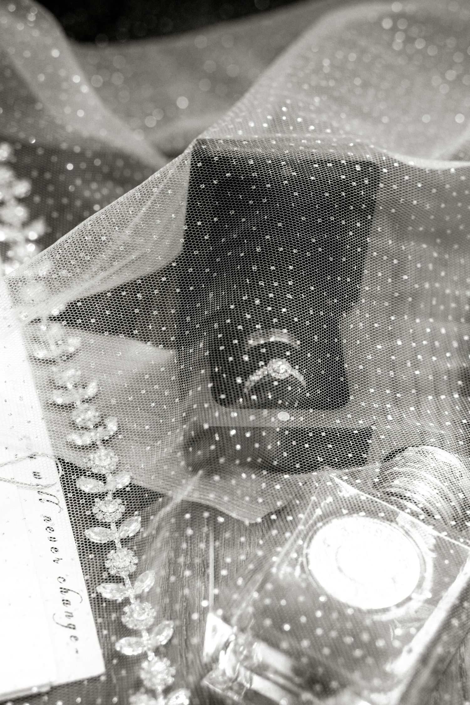 An artistic black and white detail shot of wedding veil with sparkling details. Photo at Charlottetown PEI