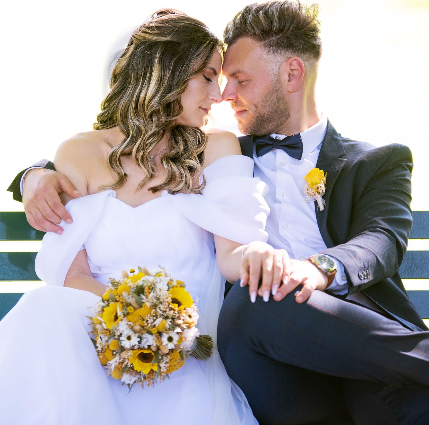 Wedding photo album spread featuring multiple romantic poses and Mr & Mrs text.