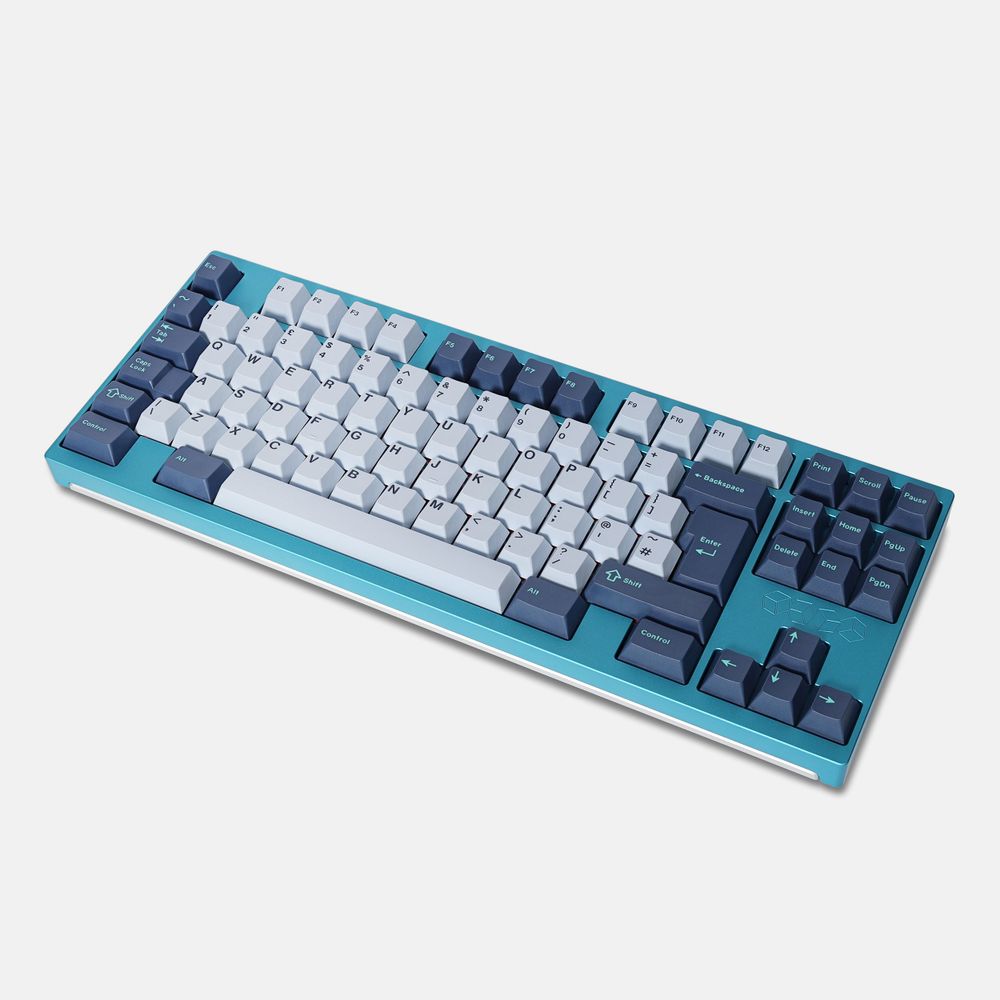 Teal and white mechanical keyboard with custom keycaps in a modern design layout.
