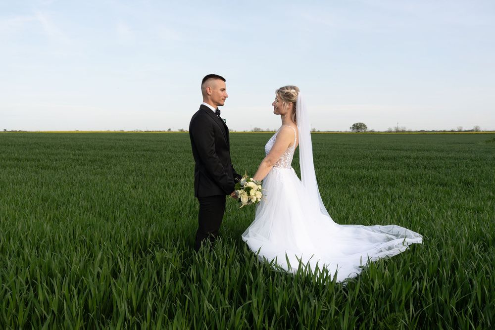 A bride and groom walk hand in hand through a lush green wheat field on their wedding day.