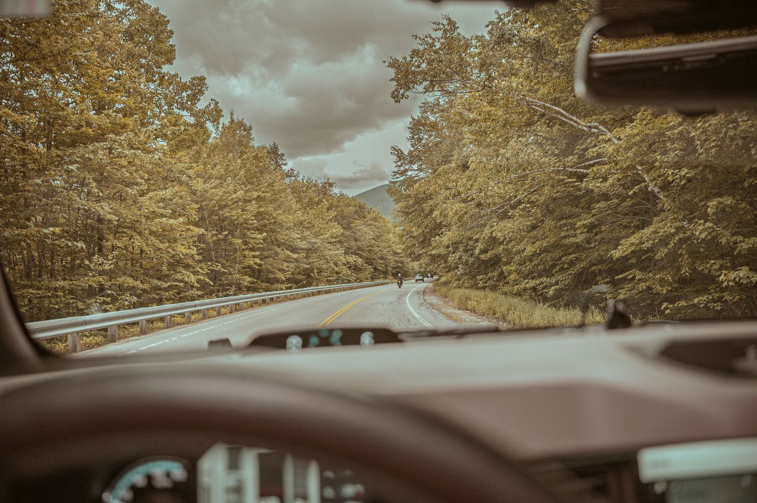Car dashboard view through windshield showing winding forest road ahead on cloudy autumn day.