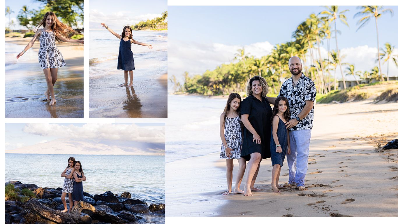 Family enjoying a sunny beach photoshoot with palm trees and ocean waves in Hawaii.