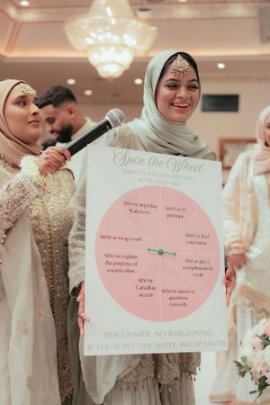 Person holding a pink spinning wheel chart labeled 'Spin the Wheel' at formal event.