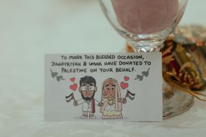 A cute illustrated donation card featuring cartoon bride and groom characters.