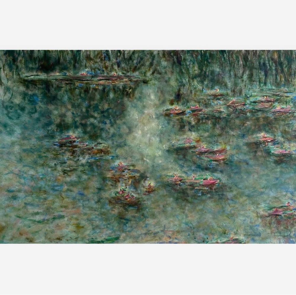 Impressionist painting of serene water lilies floating on a reflective pond with shimmering blue-green water.