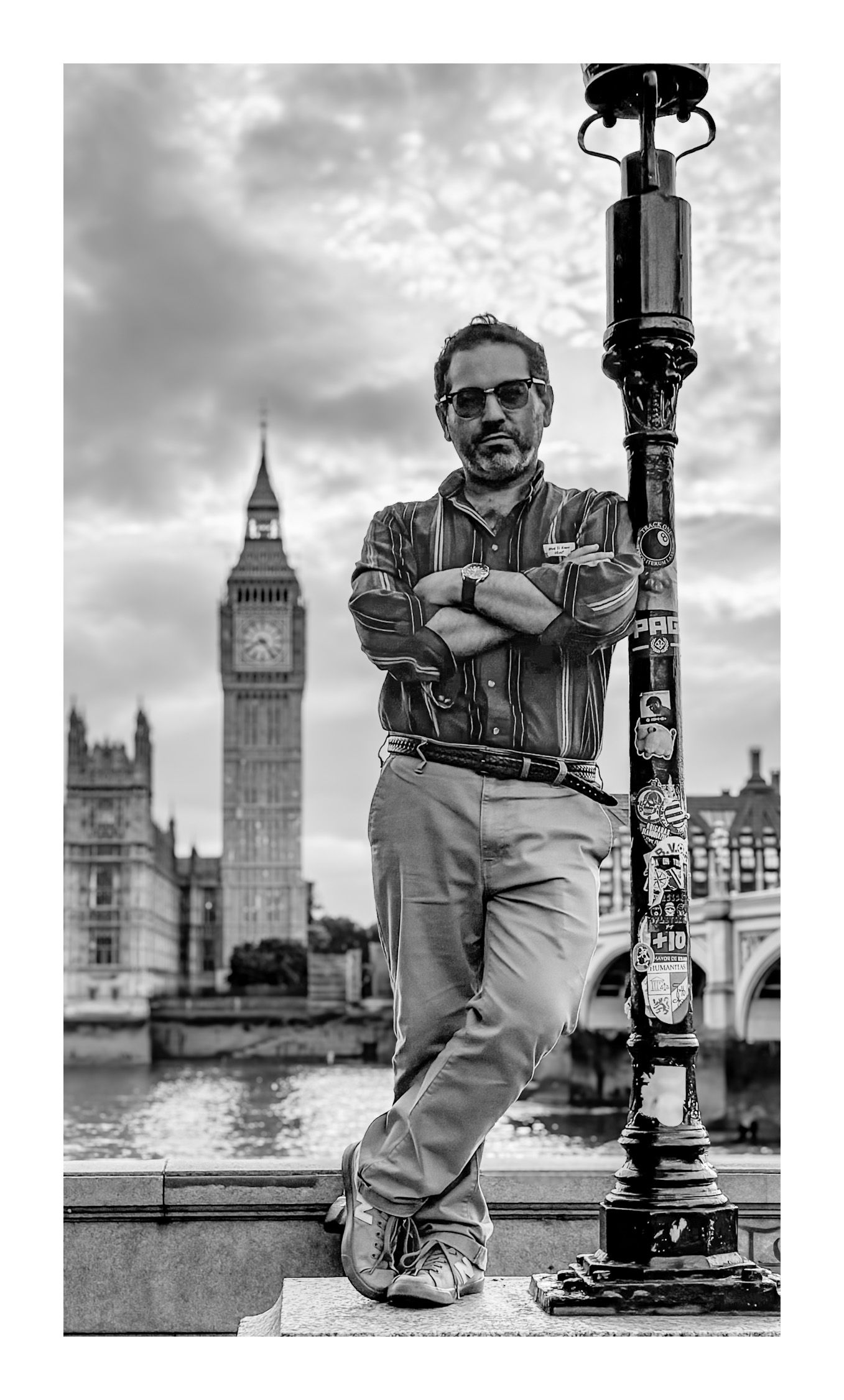 Black and white portrait in London with Big Ben and Westminster in the background.