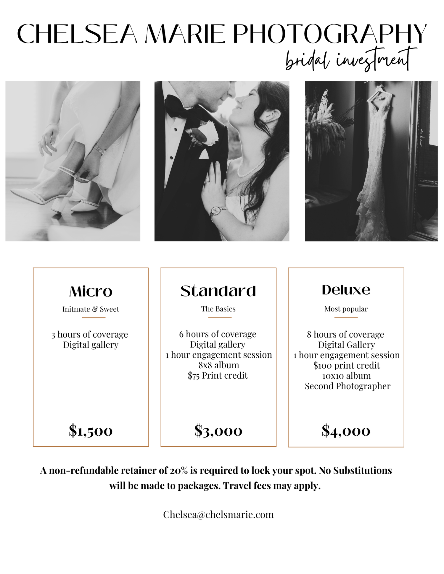 Wedding photography pricing guide showing different package tiers and coverage options.