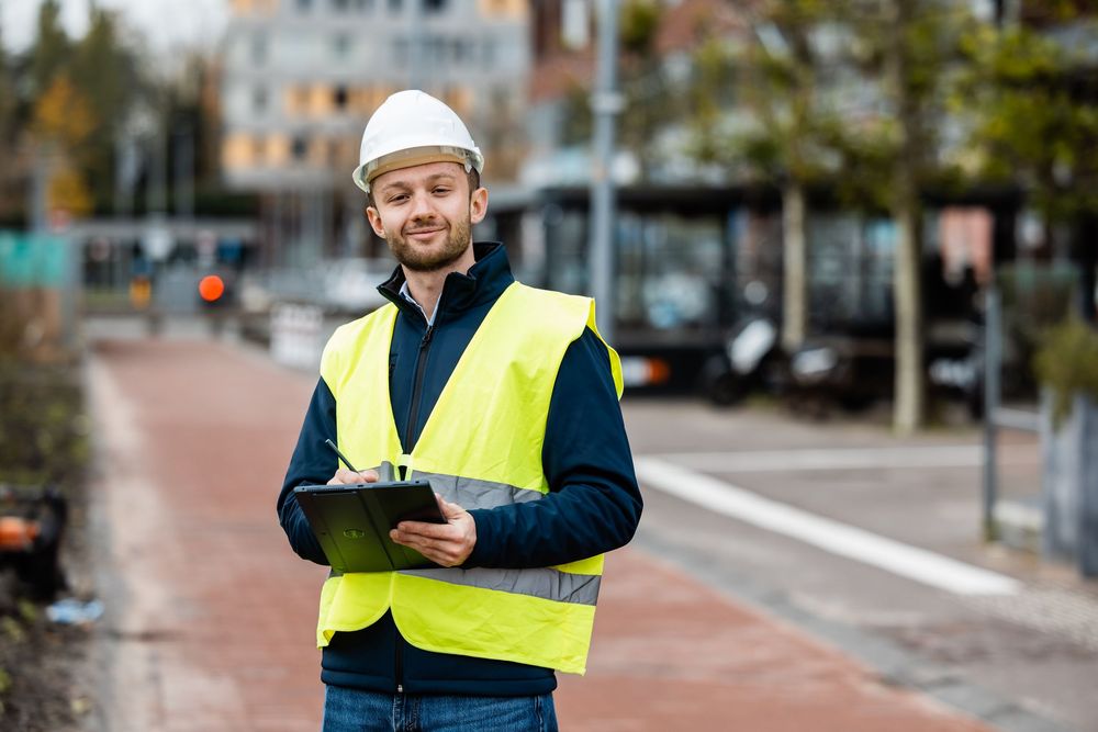 Construction worker in safety vest checks mobile device while walking on urban sidewalk.