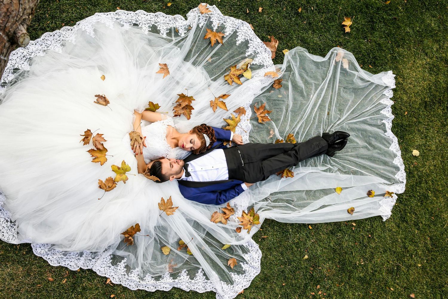 Aerial view of bride and groom lying on grass surrounded by wedding veil and autumn leaves.