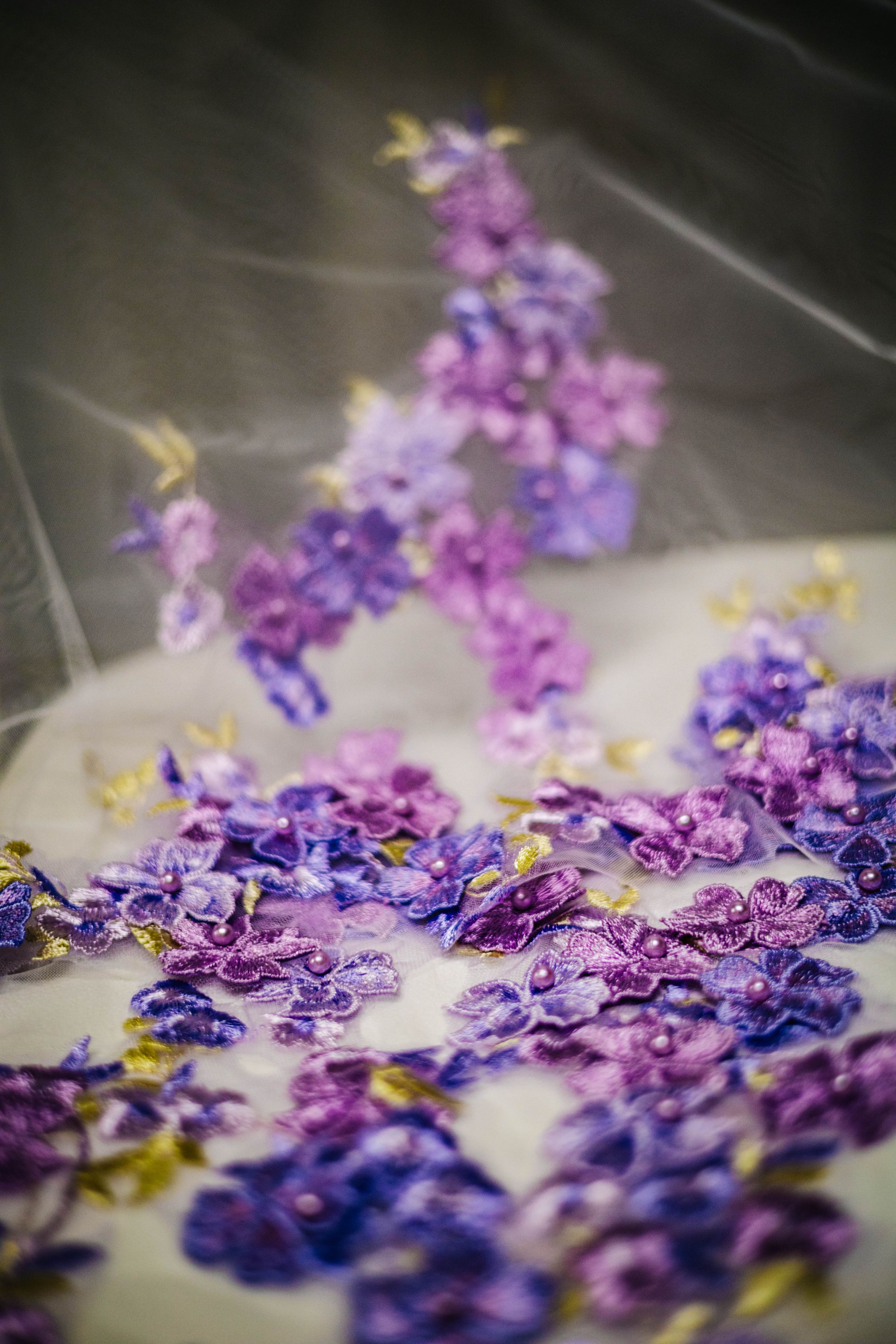 Purple and blue dried flower petals scattered artistically on a light surface with soft focus effect.