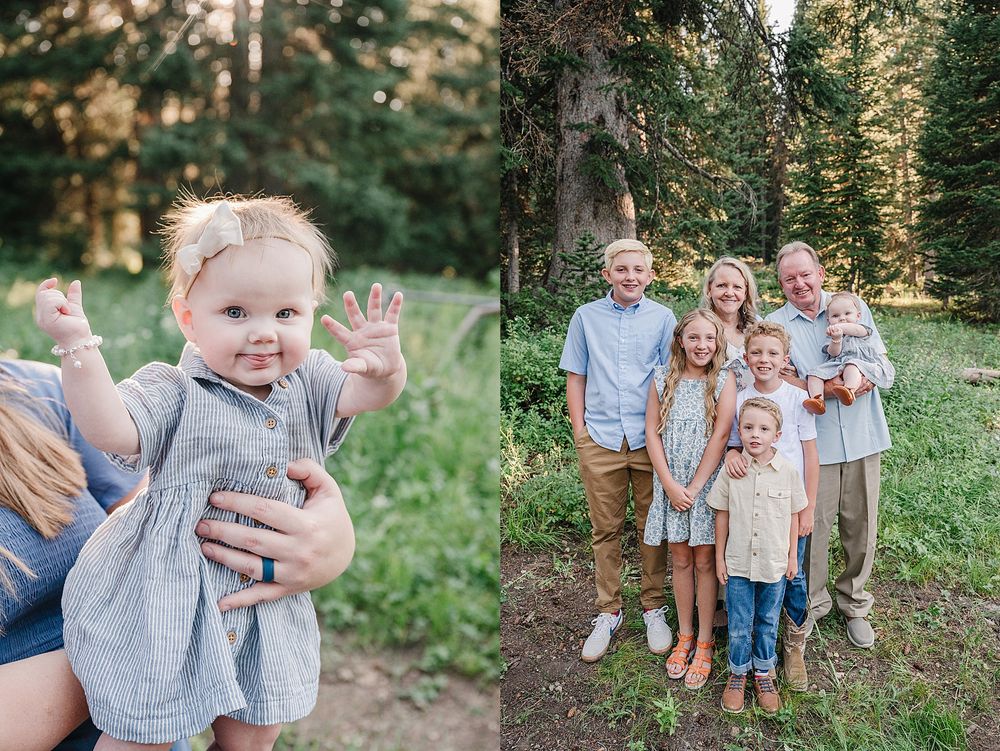 Outdoor family portraits in a serene forest setting with natural lighting.