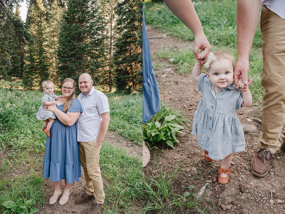 Candid family moments captured during an outdoor photo session in a forest.
