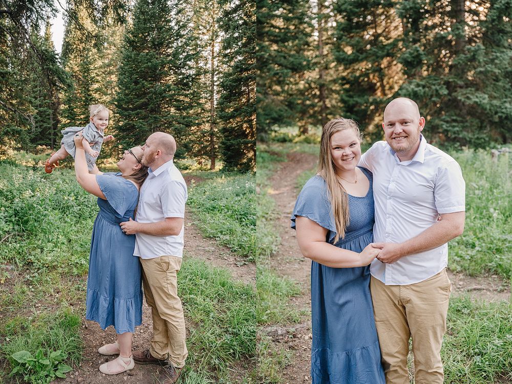 Natural family portraits captured in a lush forest setting.
