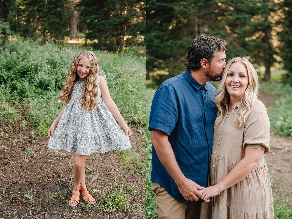 Outdoor lifestyle photos featuring grey dress and casual attire against forest scenery.