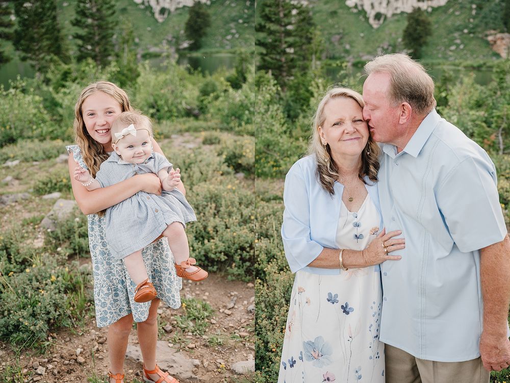Sweet family moments captured in natural mountain setting with forest backdrop.
