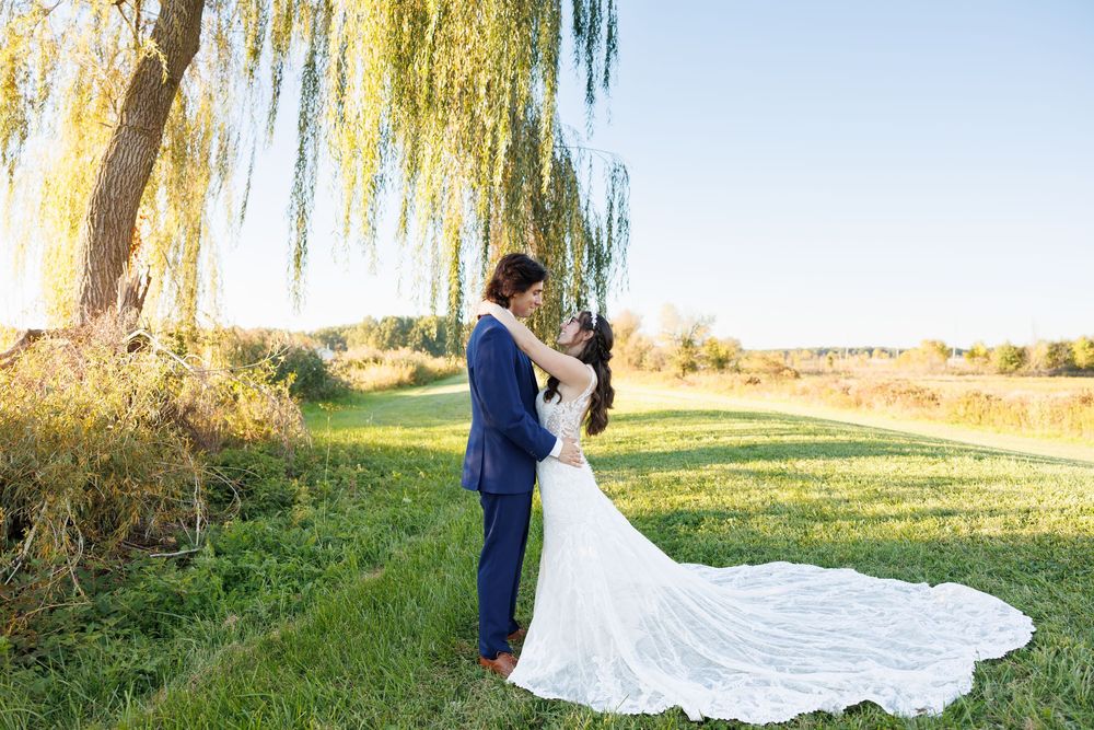 Bride and groom embracing under a weeping willow tree on a sunny day in a lush green field.