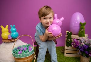 A series of Easter themed photos showing colorful decorations, baskets, and springtime arrangements against purple backgrounds.