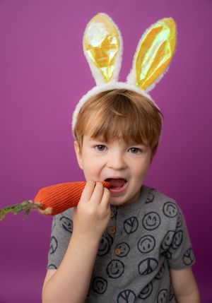 A sequence of photos showing a child wearing bunny ears and a grey shirt against a purple background.