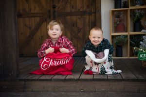 Holiday photo sequence of children on rustic wooden porch with Christmas decorations.