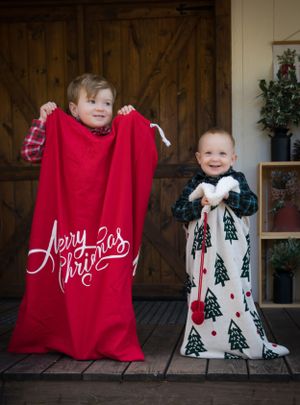 Children sit on wooden porch with red and white Christmas decorations for holiday photos.