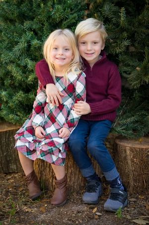 Two children in coordinated outfits sit together on a wooden stump in front of evergreen trees.
