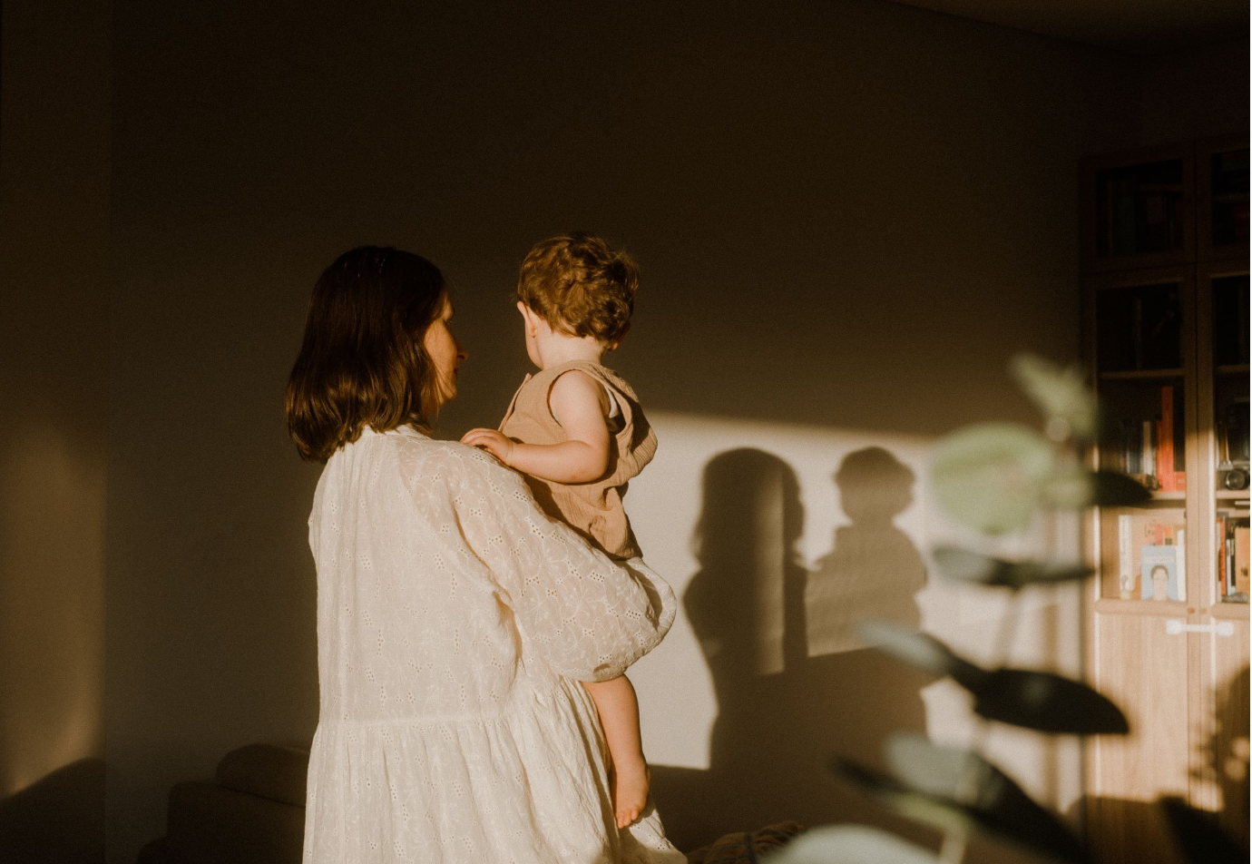 A dim indoor silhouette creates dramatic shadows against a wall.